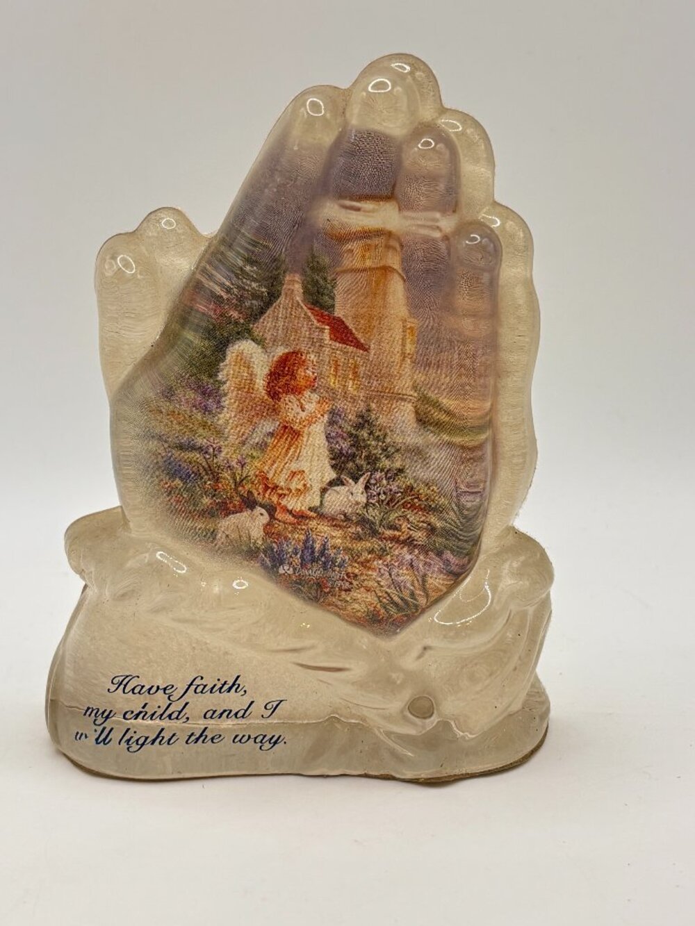In God's Light glass praying hands Faith Lights The Way Angel Lighthouse Vintage